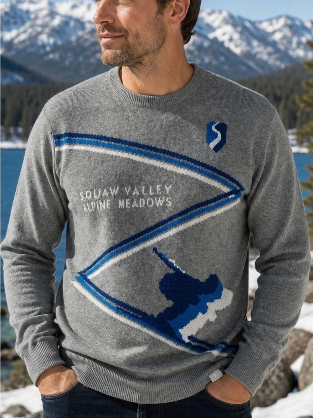 Cirque Squaw Valley Alpine Meadows Ski Sweater Mens XL Vintage Retro Skier Gray